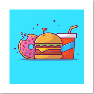 Burger, Soda Drink, And Doughnut Cartoon Posters and Art